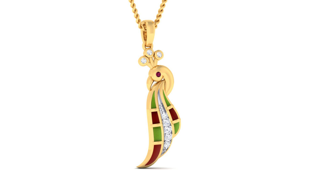 Diamond-accented gold peacock pendent with green, maroon, white enamel. A unique blend of traditional artistry and modern design. perfect for fine jewelry enthusiasts.