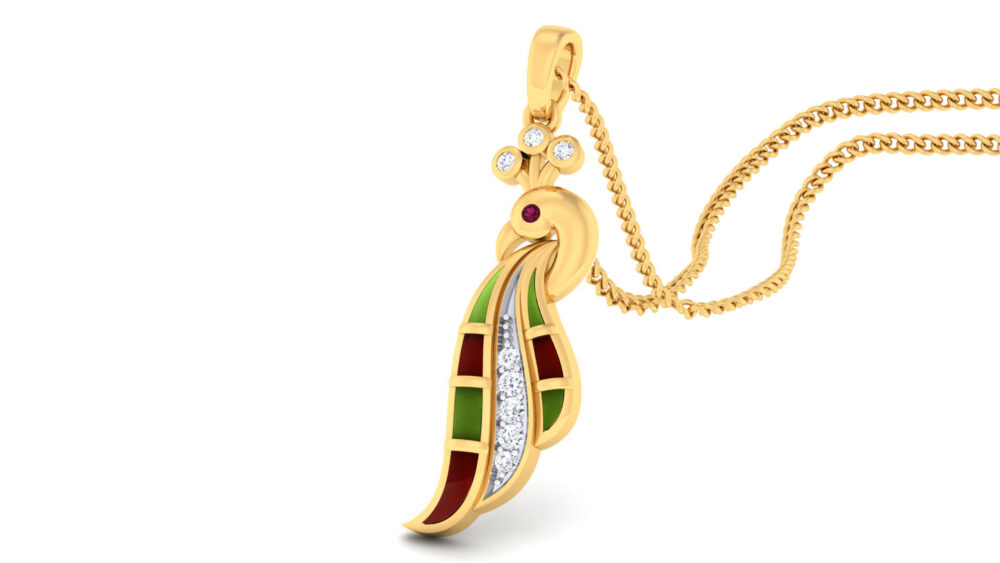 Diamond-accented gold peacock pendent with green, maroon, white enamel. A unique blend of traditional artistry and modern design. perfect for fine jewelry enthusiasts. - Image 4