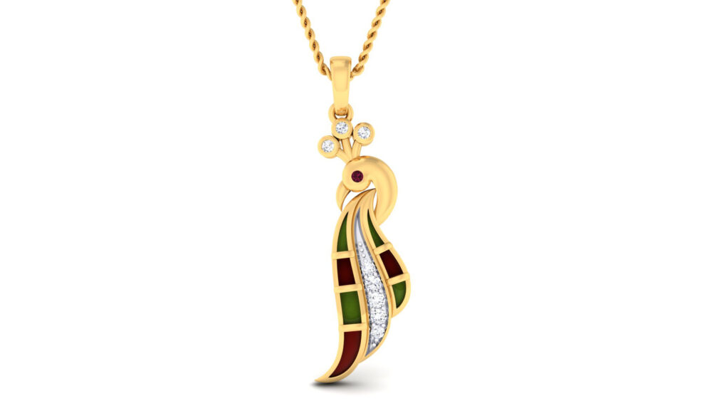 Diamond-accented gold peacock pendent with green, maroon, white enamel. A unique blend of traditional artistry and modern design. perfect for fine jewelry enthusiasts. - Image 2